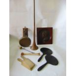 A Victorian wall hanging brass gong and strike on an iron framework and oak plaque, a framed
