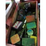A vintage painted timber crate containing an assortment of vintage Meccano pieces and effects to