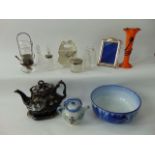 A pickle jar with Argent pewter mount and handle, various glass dressing table bottles and jars, a