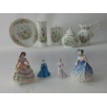 Two Royal Doulton figures - Hannah HN3369 and Alice HN3368 together with two small Coalport figures-