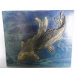 A Chinese cast metal panel of rectangular form depicting a pair of koi carp in moulded relief,