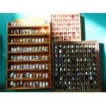 Three display racks containing an extensive collection of ceramic, glass, metal and other thimbles