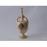 A Royal Worcester ivory ground two handled vase with drawn neck, with circular central panel of