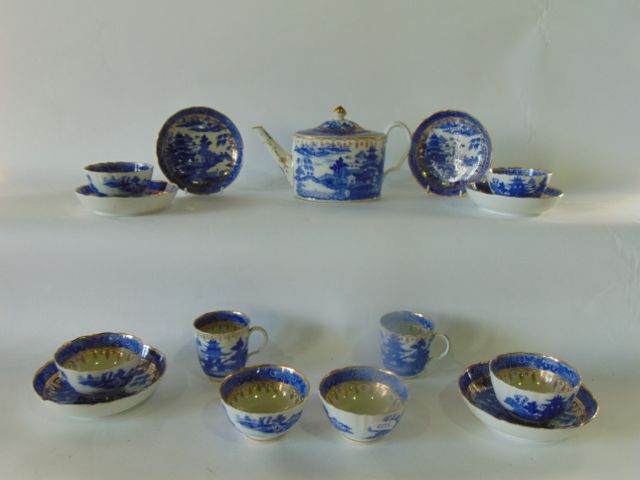 A collection of early 19th century blue and white printed tea wares with chinoiserie, pagoda and