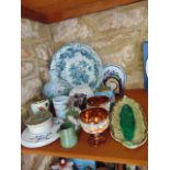 A collection of mainly 19th century ceramics and glassware including a majolica dish modelled as a