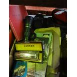 A boxed miscellaneous collection to include Pyrene fire extinguisher, a cased Praktica Super TL 3