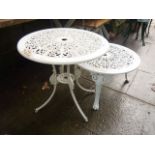 A Victorian style cast aluminium garden terrace table of circular form with decorative pierced