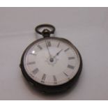 A silver open-faced pocket watch, the white enamelled dial with black Roman numerals, centred with