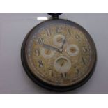 A white metal Goliath pocket watch, the engraved gilt dial with black Arabic numerals, subsidiary