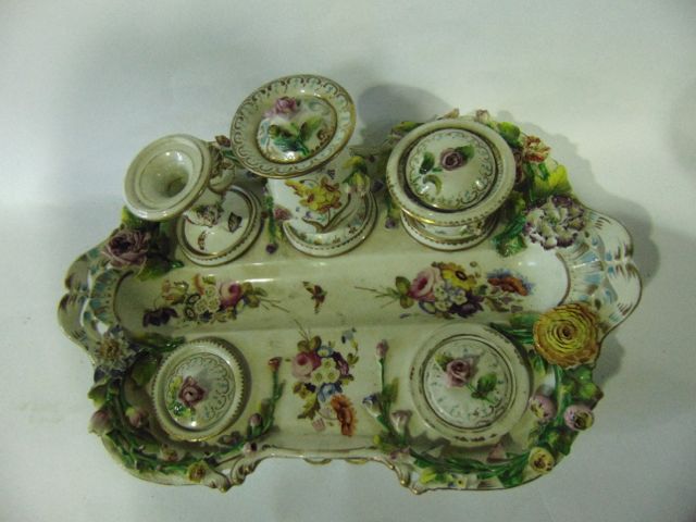 A good quality early 19th century standish in the Coalport manner with floral encrusted decoration - Image 2 of 2