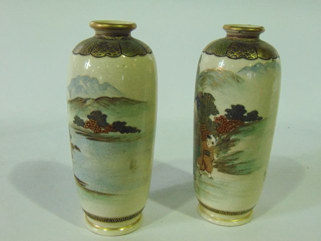 A pair of late 19th century Satsuma vases of ovoid form with female character decoration in a - Image 4 of 6