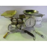 A vintage domestic Salter scale together with a further set of vintage domestic cast iron scales