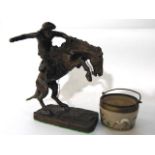 A cowboy riding a rearing horse After Fredric Remington - Bronco Buster, 16 cm max, together with
