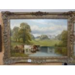 A 19th century oil painting on canvas by W V Tippett showing a country landscape with cattle