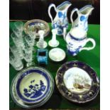 A collection of ceramics and glassware including a set of three Spode limited edition plates from