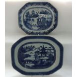 Two 19th century Chinese blue and white meat plates with landscape and pagoda decoration, maximum