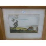 A coloured etching by Leo Frank showing cattle in a landscape, with Notcutt Gallery label verso -