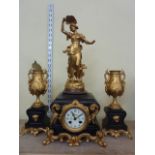 A Victorian black slate clock garniture with applied and scrolling mounts, enclosing an eight day