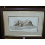 A 19th century sepia coloured pen and wash study of a sculpture of a recumbent lion with moulded