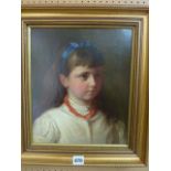 An oil painting on canvas, bust length portrait of a little girl with blue ribbon in her hair and