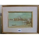 A 20th century oil painting on board showing a Venetian lagoon scene, indistinctly signed bottom