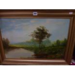 An early 20th century oil painting on board of a river landscape together with  other pictures and