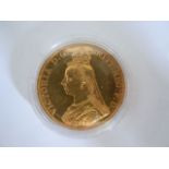 A Queen Victoria 22ct Gold Quintuple Sovereign, 1887, fitted display case with certificate, 40g