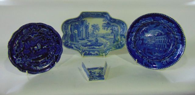 A small collection of 19th century blue and white printed wares including an asparagus server, a