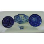 A small collection of 19th century blue and white printed wares including an asparagus server, a