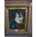 An oil painting on board in the 19th century style showing a young girl holding a bird, 24 x 20 cm