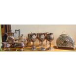 An electroplated tea set comprising hot water pot, teapot, two handled sugar basin and milk jug,