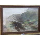 An early 20th century oil painting on card showing a highland landscape with cattle, fast flowing