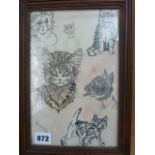 A sheet of pencil and ink studies of cats in the manner of Louis Wain, with signature Louis Wain