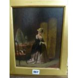 A 19th century oil painting on wooden panel showing an 18th century style interior scene with