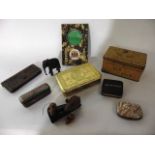 A 1914 Princess Mary Christmas box, a small mother-of-pearl purse, ebony elephant, tiny album,