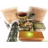 A miscellaneous collection to include a 10 fl oz standard glass measure set within a mahogany case