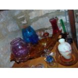 A mixed assortment of mostly coloured glassware to include a Murano Glass vase dual coloured in