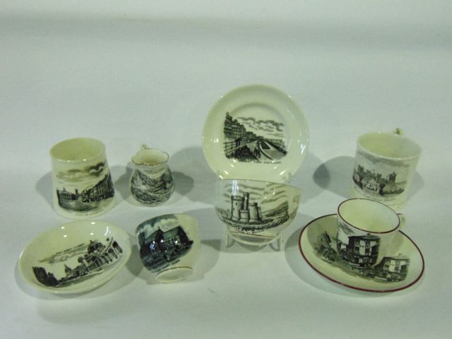 A collection of 19th century souvenir wares including a bowl with black and white printed decoration