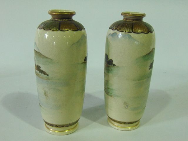 A pair of late 19th century Satsuma vases of ovoid form with female character decoration in a - Image 3 of 6
