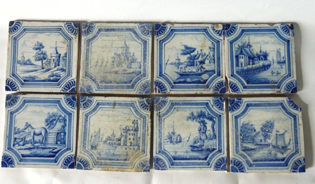 A collection of early 19th century blue and white Delft type tiles, subjects including a horse
