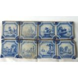 A collection of early 19th century blue and white Delft type tiles, subjects including a horse