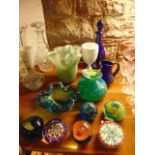 An assortment of glassware to include a cobalt blue decanter and stopper marked to underside Thos