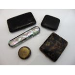 A 19th century mother-of-pearl spectacle case, tortoishell cigaratte case, two other cigarette cases