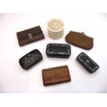 A 19th century Cantonese ivory box and cover, three paper mache snuff boxes and two sof leather