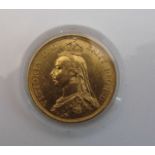 A Queen Victoria 22ct Gold Double Sovereign, 1887, fitted display case with certificate