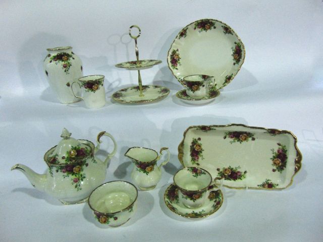 A quantity of Royal Albert Old Country Roses pattern tea wares comprising two tier cake stand,