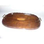 An Edwardian mahogany tray of oval form with shaped gallery sides and central satinwood shell