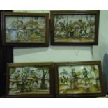 A set of four Italian tiled panels each comprising six square shaped tiles, with painted