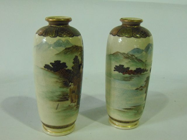 A pair of late 19th century Satsuma vases of ovoid form with female character decoration in a - Image 2 of 6