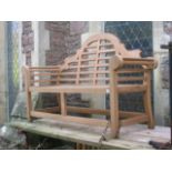 A good quality contemporary teak three seat garden bench in the Lutyens style with slatted seat